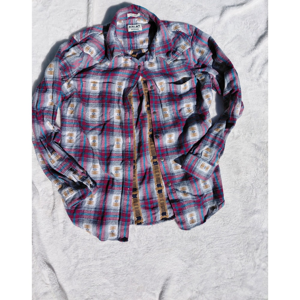 Ariat Real Billie Jean Southwestern Plaid Shirt Womens Small Red Blue 10037585